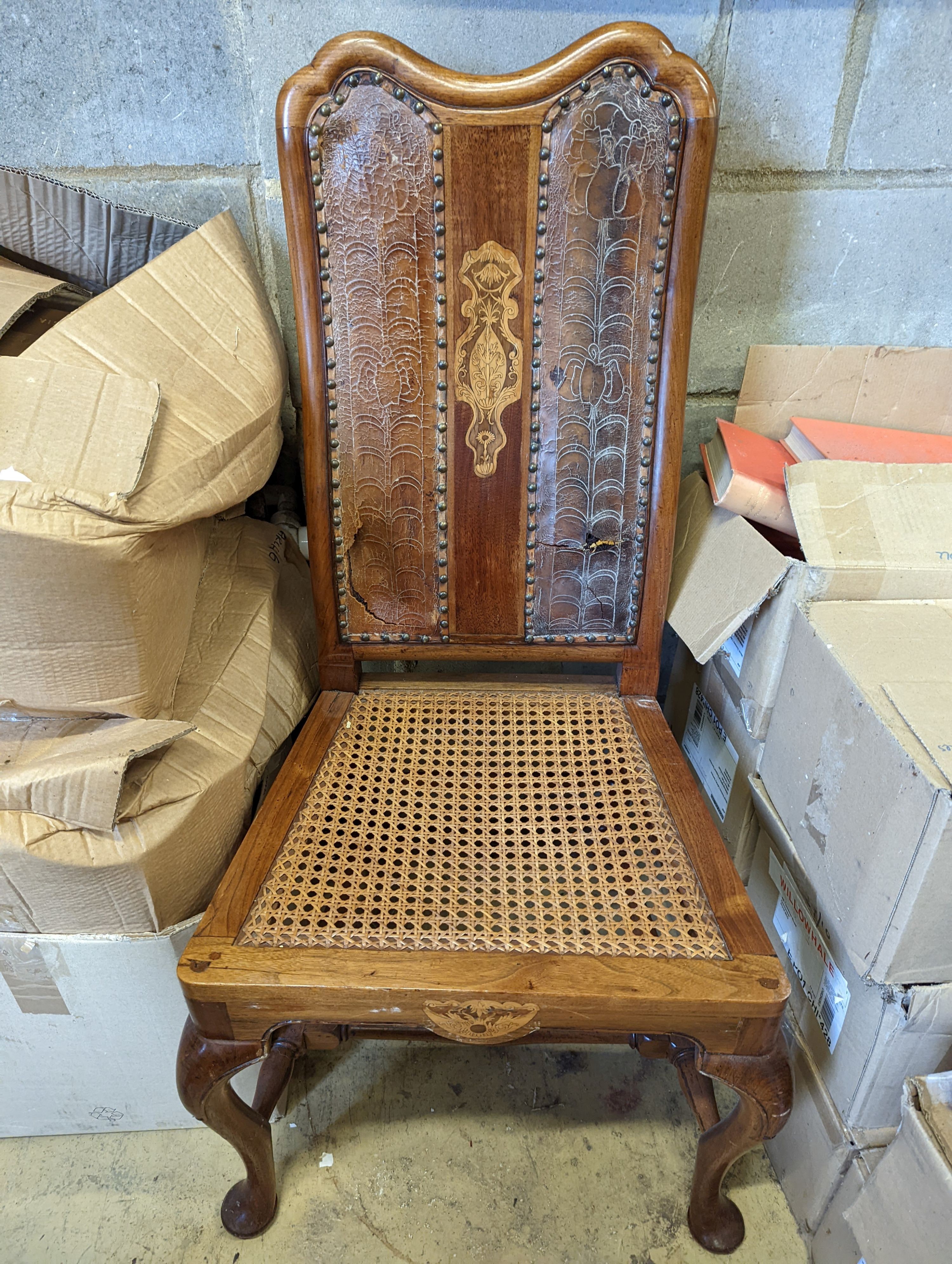 A pair of Dutch marquetry inlaid cane seat walnut dining chairs
